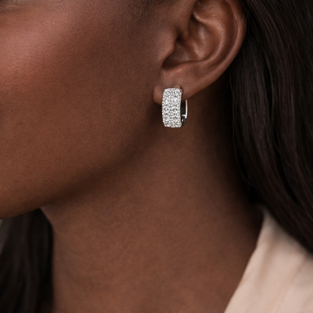 Three-Row Pavé Huggie Earrings
