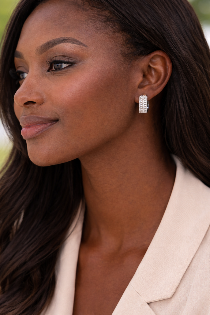Three-Row Pavé Huggie Earrings